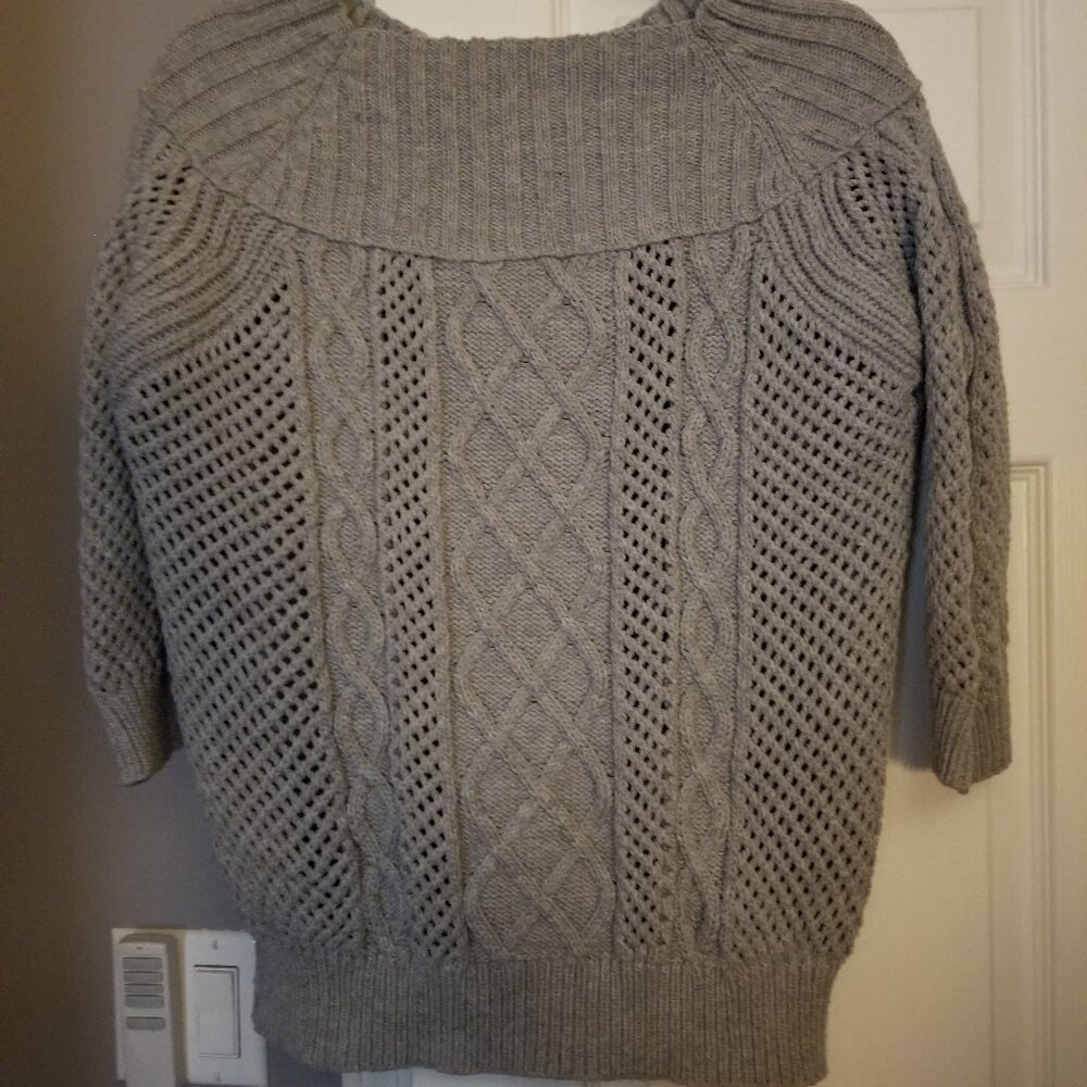 Gray Three-Quarter Sleeve Cable-Knit Off-the-Shoulder Sweater